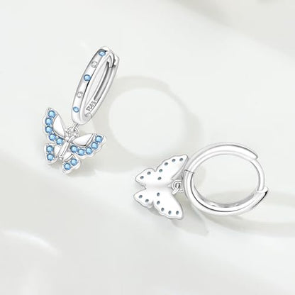 925 Sterling Silver Hoop Earrings Drop Dangle Earrings for Women Hypoallergenic Earring Trendy Huggie Earring Cute Graduation Birthday Gifts Jewelry for Women - color: Blue butterfly earrings