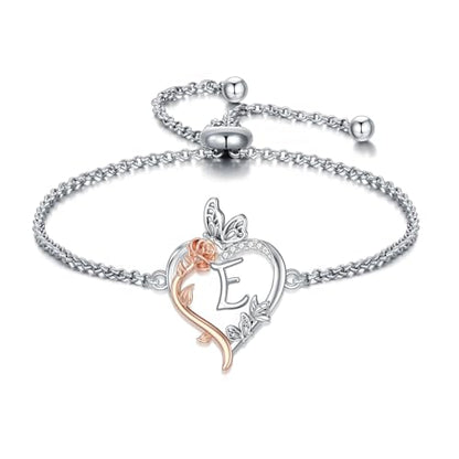 TOUPOP Gifts for Women Rose Heart Initial Bracelet 925 Sterling Silver Butterfly Letter Link Bracelet Love Jewelry Anniversary Birthday Gifts for Wife Girlfriend Mom Her - style: Initial E