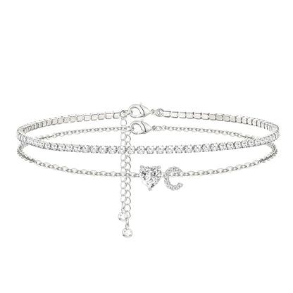 Heart Initial Silver Anklets for Women Waterproof Dainty Silver Plated ankle bracelets for women Large Ankle Women's Anklets Tennis ankle bracelets Non Tarnish Summer Beach Foot Jewelry - style: Silver-C