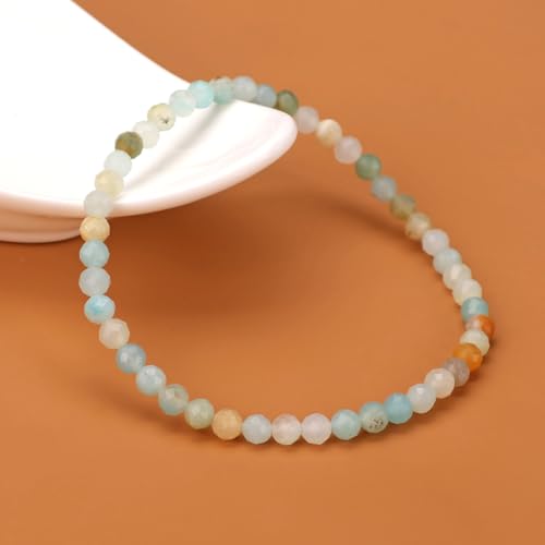 Natural Faceted Crystal Bracelet for Women,4mm Gemstone Round Beads Bracelets Adjustable Stretchy Healing Crystal Beads Bracelets Dainty Jewelry Gift - color: Amazonite