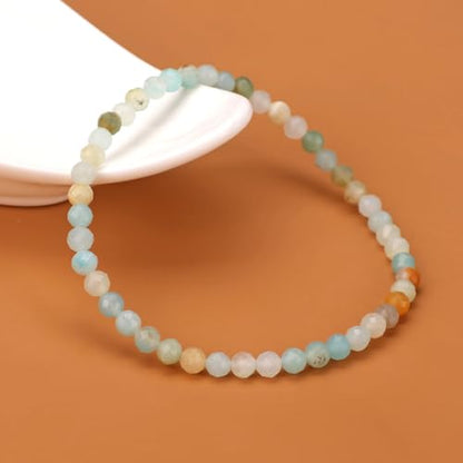 Natural Faceted Crystal Bracelet for Women,4mm Gemstone Round Beads Bracelets Adjustable Stretchy Healing Crystal Beads Bracelets Dainty Jewelry Gift - color: Amazonite