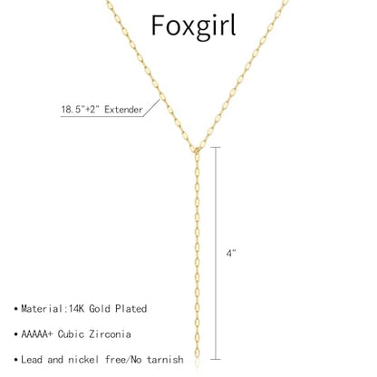 Foxgirl Long Gold Necklace for Women- Dainty 14k Gold Plated Drop Lariat Necklace Layered Simple CZ Y-Shaped Body Chain Stack Wedding Necklace Trendy - color: Flat Chain