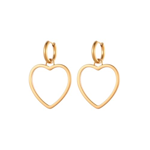 Hollow Heart Dangle Drop Small Hoop Earrings for Women Stainless Steel Huggie Dangling Charm Love Hearted Cartilage Hoops Earring Minimalist Ear Jewelry for Her Daughter Birthday Hinged 10mm - color: Gold
