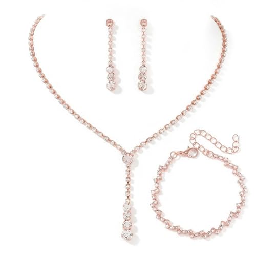 Bride Silver Bridal Necklace Earrings Set Crystal Wedding Jewelry Set Rhinestone Choker Necklace for Women and Brides - color: D Rose Gold