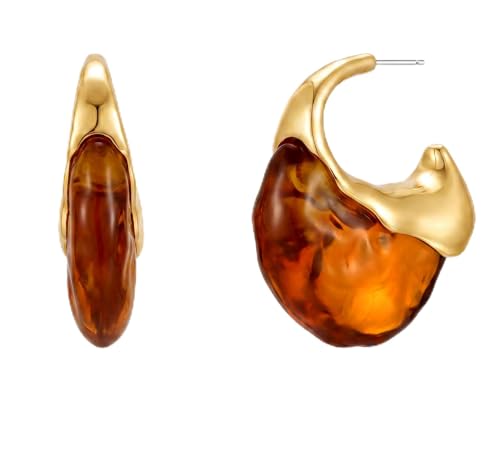 Chunky Statement Earrings for Women - 14K Gold Plated Vintage Design Trendy Earrings, Hypoallergenic Resin Hoop Earring, Gold Jewelry Personalized Anniversary Birthday Gifts - color: Amber Brown