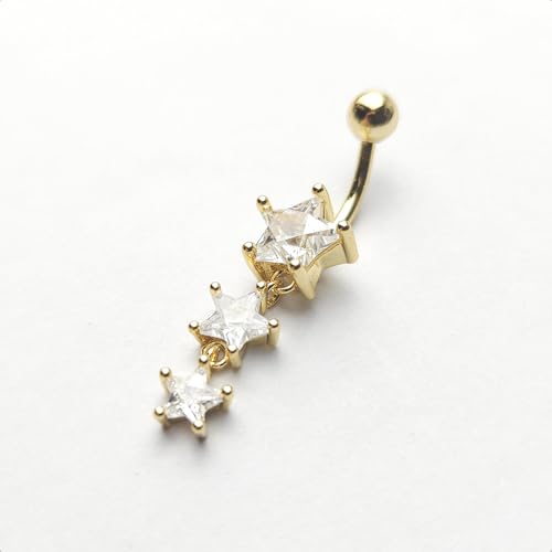 14G Surgical Steel Star Dangle Belly Button Rings for Women Sparkling Cubic Zirconia Crystal Star Belly Navel Curved Barbell Ring Navel Piercing Jewelry - color: Gold