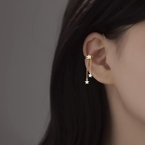 Dainty Star Tassel Dangle Ear Cuff Cartilage Clip On Earrings for Women 925 Sterling Silver Cubic Zirconia Crystal Small Huggie Hoops Chain Link Drop Dangling Layered Wrap Earring Fashion Birthday Jewelry Gifts Hypoallergenic Clips - color: Gold