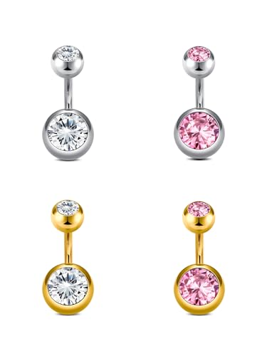 Longita Belly Button Rings Short Bar for Women Stainless Steel Belly Ring Navel Piercing Jewelry 14g Colorful Ball Pack 6mm 1/4” 8mm 5/16“ 10mm - color: 21-silver gold pink-6mm