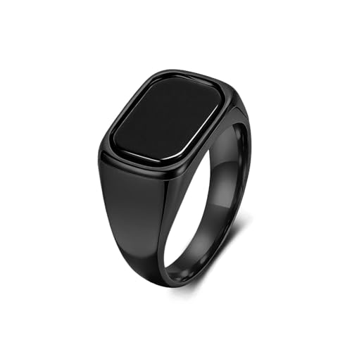 Kemstone Square Black Onyx Signet Ring Stainless Steel Stone Inlay Minimalist Jewelry for Men - color: Black, size: 7#