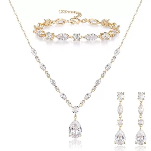 Elegant Bridal Cubic Zirconia Teardrop Pendant Necklace Drop Earrings Bracelet Brides Bridesmaids Wedding Jewelry Set for Women