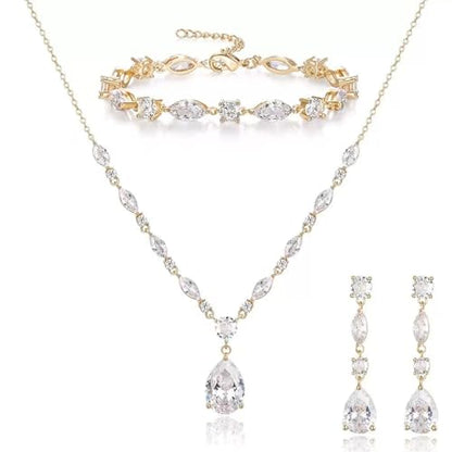Elegant Bridal Cubic Zirconia Teardrop Pendant Necklace Drop Earrings Bracelet Brides Bridesmaids Wedding Jewelry Set for Women
