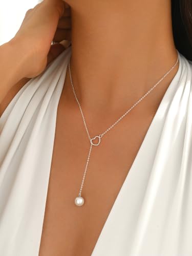 Heart Pearl Y Drop Lariat Long Necklace for Women | 925 Sterling Silver 14K Gold Plated Prom Wedding Bridal Necklace Cute Dainty Layered Dangle Necklace Summer Jewelry - color: Silver