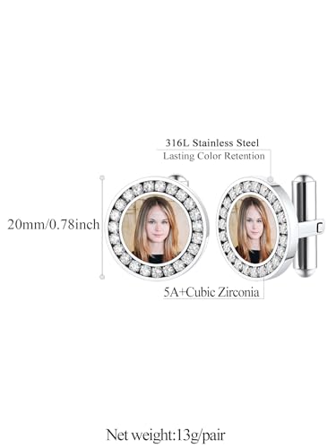 FindChic Stainless Steel Round Cufflinks with Custom Text/Picture/Monogram Letters 18K Gold Plated/Black Color for Men Groom Suits Shirts, with Gift Box - style: 02. CZ custom photo-round (stainless steel)
