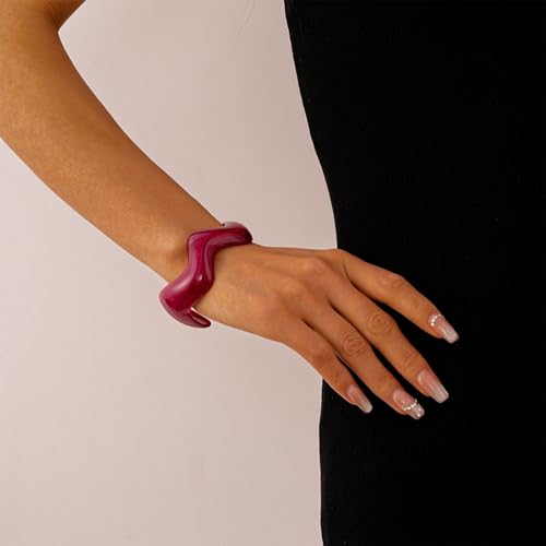 Creative Wave-shaped Opening Cuff Bracelets Statement Colorful Geometric Chunky Bangle Bracelets Acrylic Resin Irregular Wristbands for Beach Vacation Jewelry - color: Rose Red
