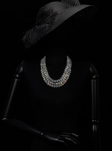 COOLSTEELANDBEYOND Crystal Beaded Necklace for Women Gold Tone Tri-Layered Strand Necklace With Clear Faceted Beads Statement Jewelry