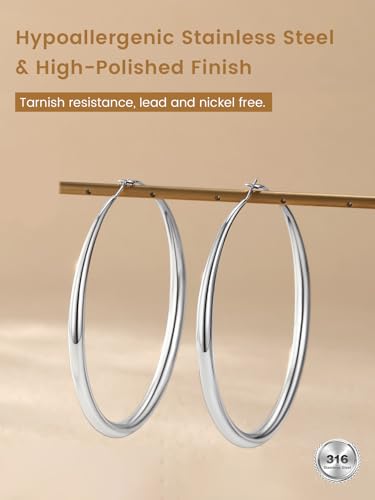 KeyStyle 5mm Thick Hoop Earring，Large Gold Hoop Earrings for Women | Stainless Steel Hoops Earring 14K Gold Plated/Silver/Black Hoop Lightweight Hypoallergenic Hollow Tube Hoop(40/60/80MM) - color: Silver, size: 80mm