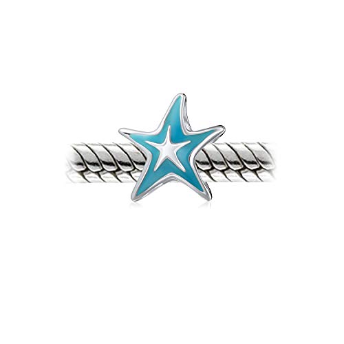 Bling Jewelry .925 Sterling Silver Travel Beach Tropical Happy Sand Blue Enamel Starfish & Nautical Fish Bowl Gold Murano Glass Spacer Bead Charm for Bracelet (Set of 3)