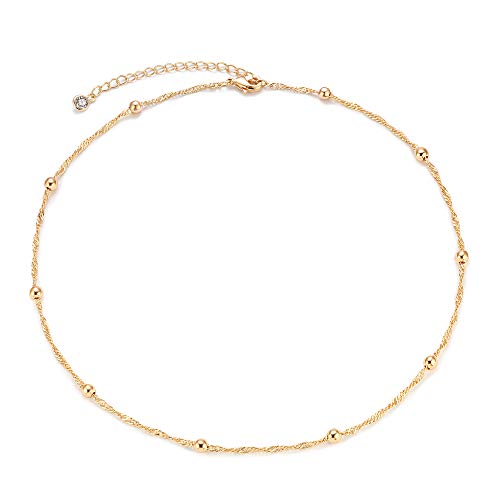 MEVECCO Dainty Choker Necklaces for Women, Beaded and Multi-Row Chains | 14K Gold Plated Brass, Select Silver Plated Brass Options, Polished And Textured Profiles For Everyday Styling - style: bead chain