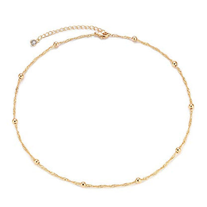 MEVECCO Dainty Choker Necklaces for Women, Beaded and Multi-Row Chains | 14K Gold Plated Brass, Select Silver Plated Brass Options, Polished And Textured Profiles For Everyday Styling - style: bead chain