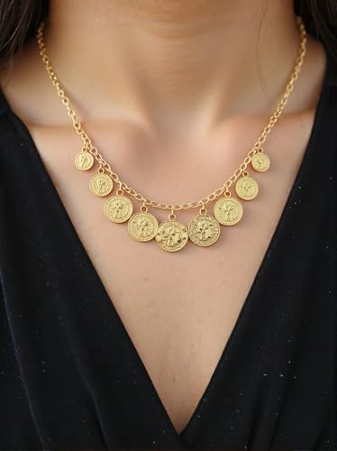 Todenb Layered Gold Pirate Necklace for Women Chunky Chain Pirate Jewelry 80s 90s Coin Pendant Necklace Pirate Costume Accessories - color: one layer