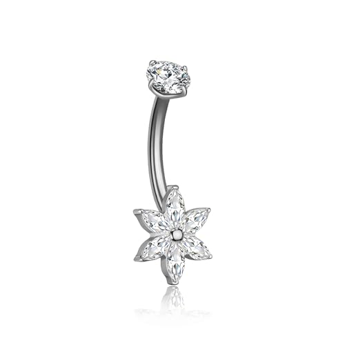 XUU Titanium Belly Button Rings 14G, Implant-Grade Navel Piercing, Luxury CZ Shape with Flower Butterfly, Hypoallergenic Curved Barbell Jewelry for Women, Gold or Silver - style: Flower-Silver