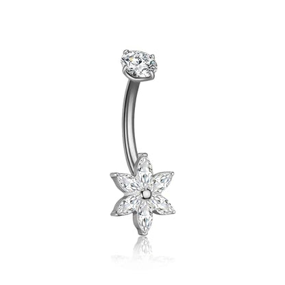 XUU Titanium Belly Button Rings 14G, Implant-Grade Navel Piercing, Luxury CZ Shape with Flower Butterfly, Hypoallergenic Curved Barbell Jewelry for Women, Gold or Silver - style: Flower-Silver