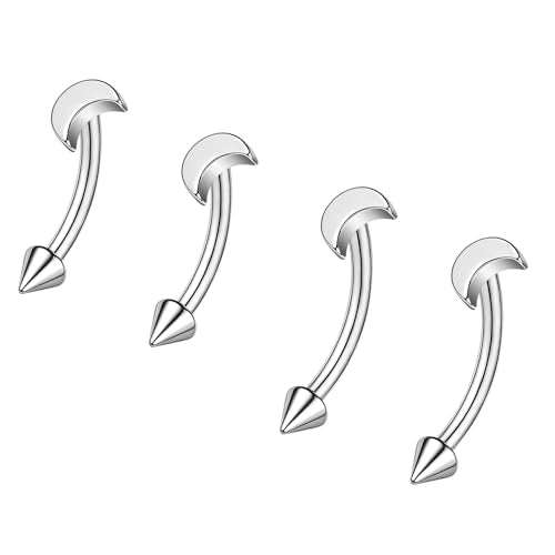 ZS 2 Pairs Stainless Steel Eyebrow Rings, 16G Curved Belly Rings Navel Barbell Helix Daith Tragus Earrings, 8/10mm Spike Vertical Labret Lip Piercing Jewelry - color: Silver,Moon-L:8/10mm