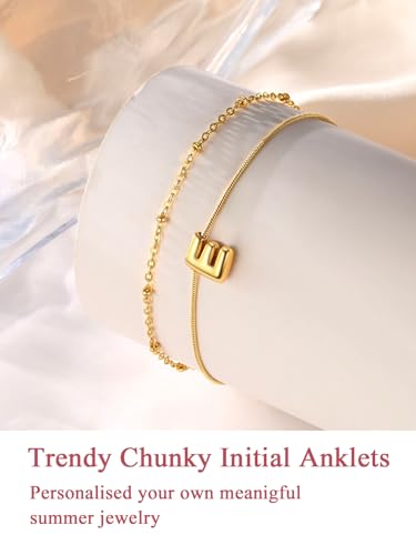 FOCALOOK Initial Anklet Bracelet for Women, 14K Gold Plated Anklets Layer Letter Ankle Chain Non Tarnish, 8.5"+2" Adjustable Large Ankle Summer Beach Foot Jewelry - color: Gold-E