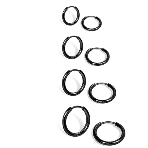 4 Pairs Black Earrings for Men Women, 316L Surgical Stainless Steel Small Hoop Earrings Hypoallergenic Non Tarnish Cartilage Hoop Earrings for Multiple Piercing Huggie Earrings Jewelry (Black-1.6mm) - color: Black, size: 6/8/10/12mm (Thickness: 1.6MM)