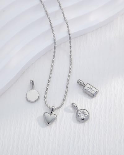 Interchangeable Removable CZ Charms Necklace, Gold Silver Stainless Steel Adjustable Box and Rice Bead Chain Minimalist Custom DIY Pendant Jewelry Gifts - color: Silver-B