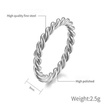 Women's Stainless Steel 1.1mm Rope Thin Wedding Ring Silver Rose Gold Plated Size 4 to 9 - color: 3mm, Silver