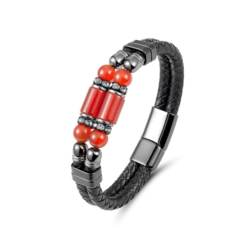 Mens Leather Turquoise/Tiger Eye/Obsidian/Lava Stone Bracelet–Braided Multi‑Layer Wristband Cuff Bangle Barcelet–Jewelry Box and Pouch Packing - color: Agate Onyx, size: 8.3in(Fits most wrists)