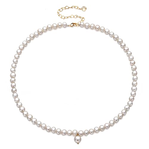 XYJZXY Pearl Necklace with Golden Charm, 18-Inch Adjustable Chain, 5-6mm White Pearls, Women Pearl Choker Necklace, Handmade Jewelry - style: pearl charm