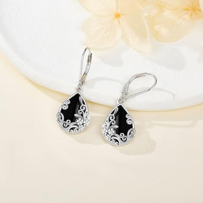 Black Onyx Earrings 925 Sterling Silver Black Onyx Dangle Drop Earrings Filigree Jewelry Gift for Women Girls - style: Filigree