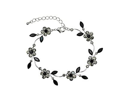 Faship Gorgeous Rhinestone Crystal Floral Necklace Earrings Set - color: Black / Matching Bracelet