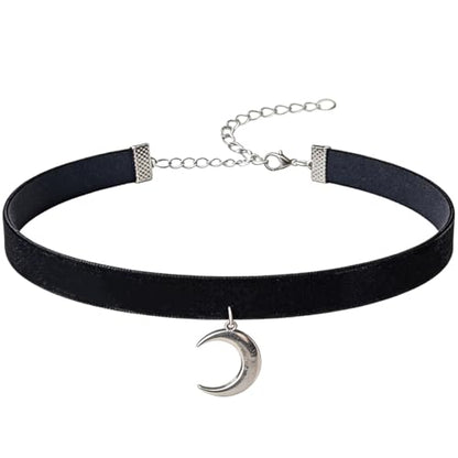 Black Choker for Women, Adjustable Layered Velvet Leather Lace Collar necklace, Goth necklace Gifts - color: Moon Silver