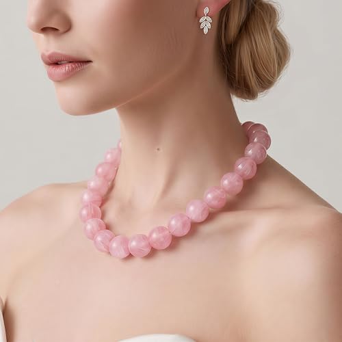 Multicolor Chunky Beaded Necklace, Statement Colorful Round Ball Beads Choker Necklace with Gold-Tone Adjustable Chain, Fashion Bold Neck Jewelry for Women - color: 20MM-Pink