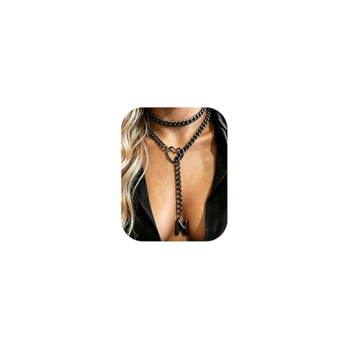 Black Heart Slip Chain Initial Necklaces for Women, Stainless Steel Wrap Choker Necklace, Gothic O-Ring Adjustable Lariat Y Necklaces, Punk Cuban Collar Choker Necklace, Halloween Jewelry Gift - color: Black N