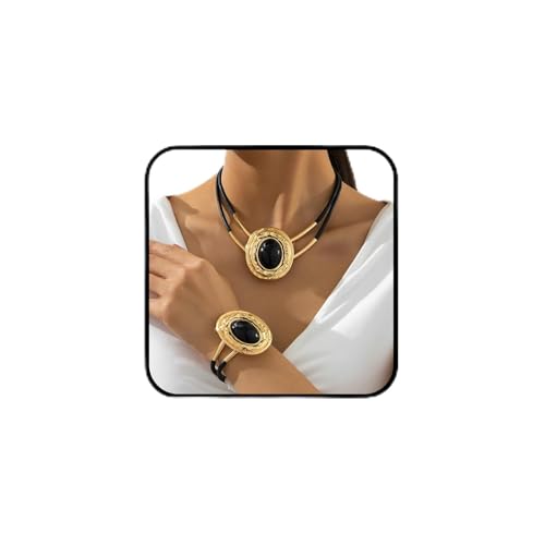 Gold Jewelry Set, Bohemian Double-Layer Black Rope With Oval Black Acrylic Pendant Necklace And Bracelet Set Vintage Trendy Golden Necklaces Bracelets For Women Gift - color: gold-black-disc