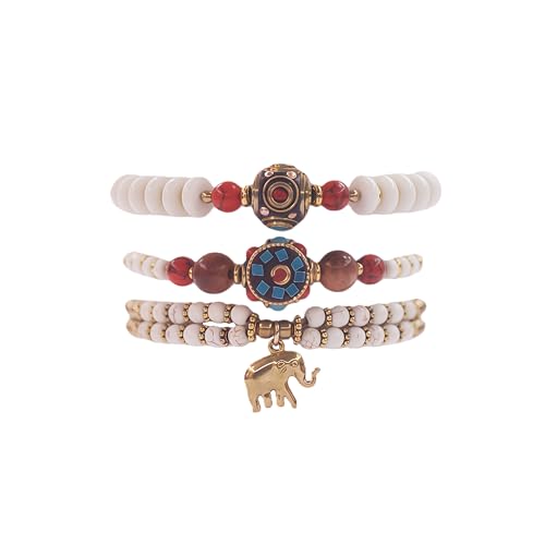 Petite Adjustable Boho Bracelet for Small Wrists 6-7.5 Inch - Handmade Nepalese Buddhist Prayer Bracelet with Elephant Charm, Brass Bell, Turquoise Stone & Tibetan Mantra Beads, Spiritual Lucky Gift - color: White-3Pcs