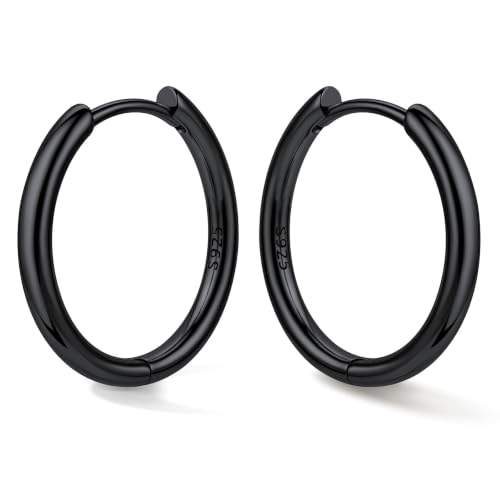 Bestyle Sterling Silver Small Hoop Earrings for Women, Hypoallergenic Silver/Black/Rose Gold/Gold Small Huggie Hoops Helix Cartilage Earring for Multiple Piercing Sleep, Size 8/10/12/14/16/18/20mm - color: Black-Sterling Silver, size: 14mm