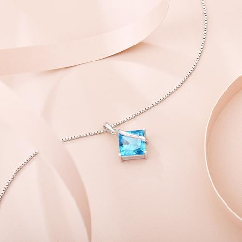 Square Princess Cut Necklace 925 Sterling Silver Solitaire Pendant Necklace Birthstone Jewelry Gifts for Women - color: 03 March - Aquamarine