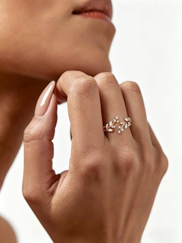 Silver Leaf Ring for Women 925 Sterling Silver Yellow Gold Plated CZ Inlaid Marquise Sapphire/Ruby/Emerald Cocktail Rings Size 6 to 10 - color: Cubic Zirconia - Gold