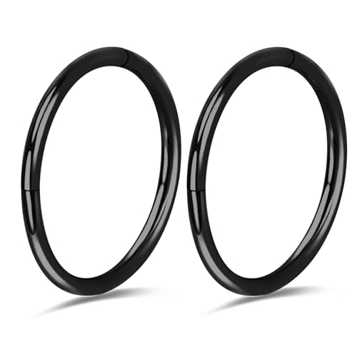 2Pcs Titanium Nose Rings 20G 18G 16G 14G Nose Rings Hoops Diameter 5mm to 12mm Silver-Gold-Rose Gold-Black Cartilage Helix Tragus Daith Rook Hoop Earrings Hinged Segment Septum Clicker Body Piercing Jewelry - color: Black