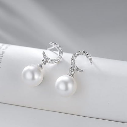 Double Pearl Drop Earrings for Women 925 Sterling Silver | 18k Gold Plated Big Large Pearl Dangle Earrings Pearl Dangling Stud Earring Bridal Wedding Jewelry Birthday Gifts for Mom - color: G-Silver Moon
