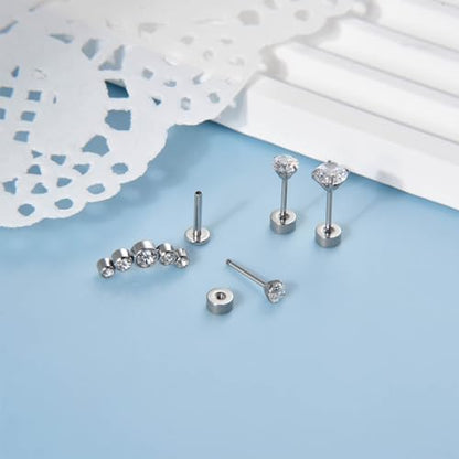 Lantine 16g CZ Crawler Flat Back Stud Earrings Set G23 Titanium Cartilage Tragus Daith Helix Piercing Jewelry 20g Flat Screw 2nd 3rd Lobe FlatBack Earrings - color: CZ, size: 16g 8mm