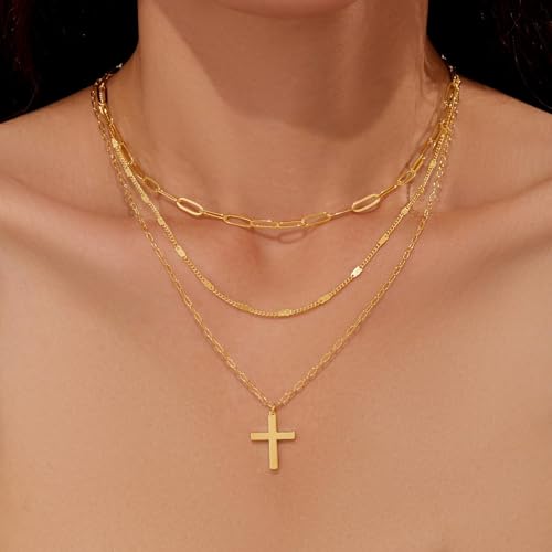 Gmai Layered Necklaces for Women Gold Plated 3/4/5 Piece Adjustable Stackable Necklace Set with Pearl Cross Coin Pendant Dainty Gold Silver Choker Chain Jewelry Gift for Her - style: Paperclip cross