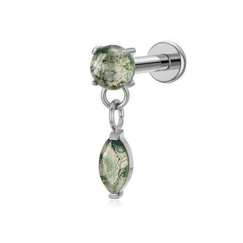 1PC ASTM F136 Titanium Push Pin Moss Agate Stone Flat Back Earrings 16G 8mm for Helix Conch Tragus - color: Teardrop-Tit
