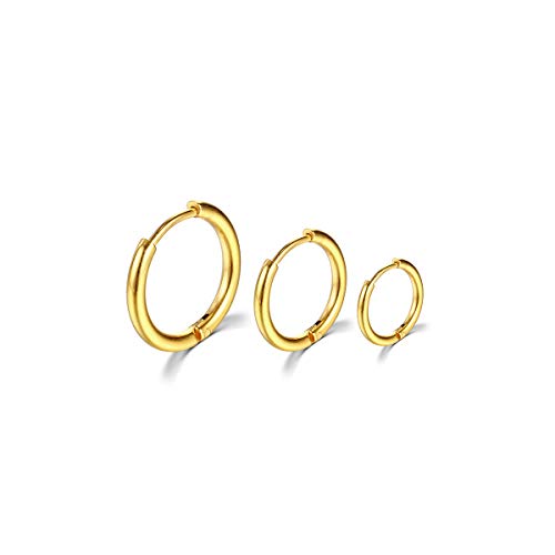 Surgical Stainless Steel Hoop Earrings 8mm/10mm/12mm Small Huggie Hoop Earrings for Women and Men - color: E: Gold (Diameter 8mm/10mm/12mm),3 Pairs