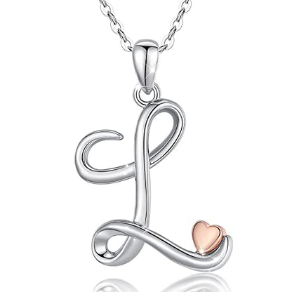 CELESTIA 925 Sterling Silver Initial Necklaces 26 Letter with Rose Gold Heart - 18 Inch Chain - color: L-Initial